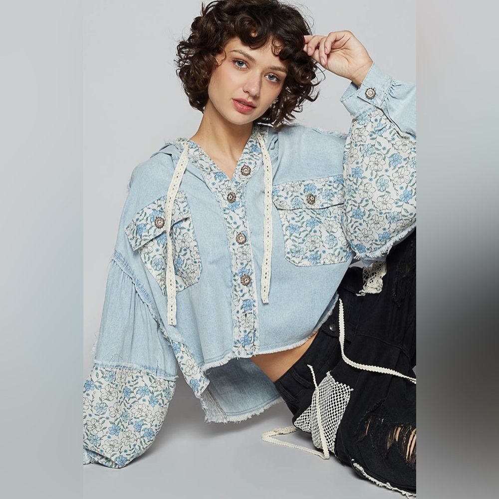 Pol Light Blue Floral Patchwork Jacket - image 1